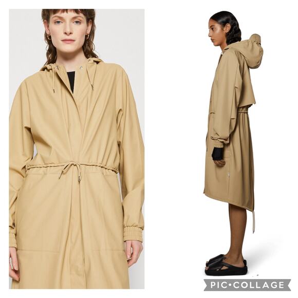 NWT RAINS Unisex Long Rain Jacket Hood Hooded String Parka Sand sz L - Picture 4 of 16